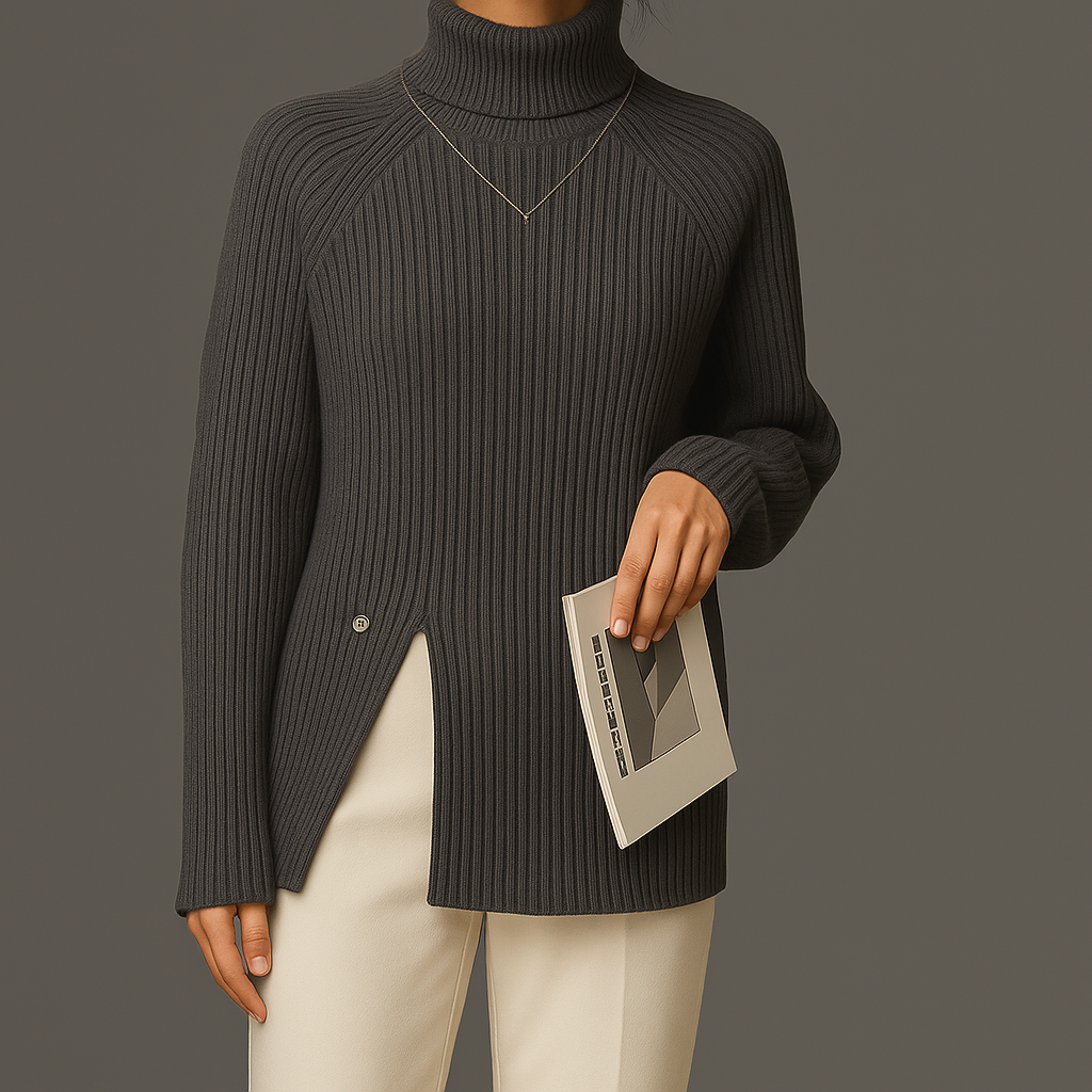 Pull Col Roulé Côtes Pour Femme | Fente Latérale