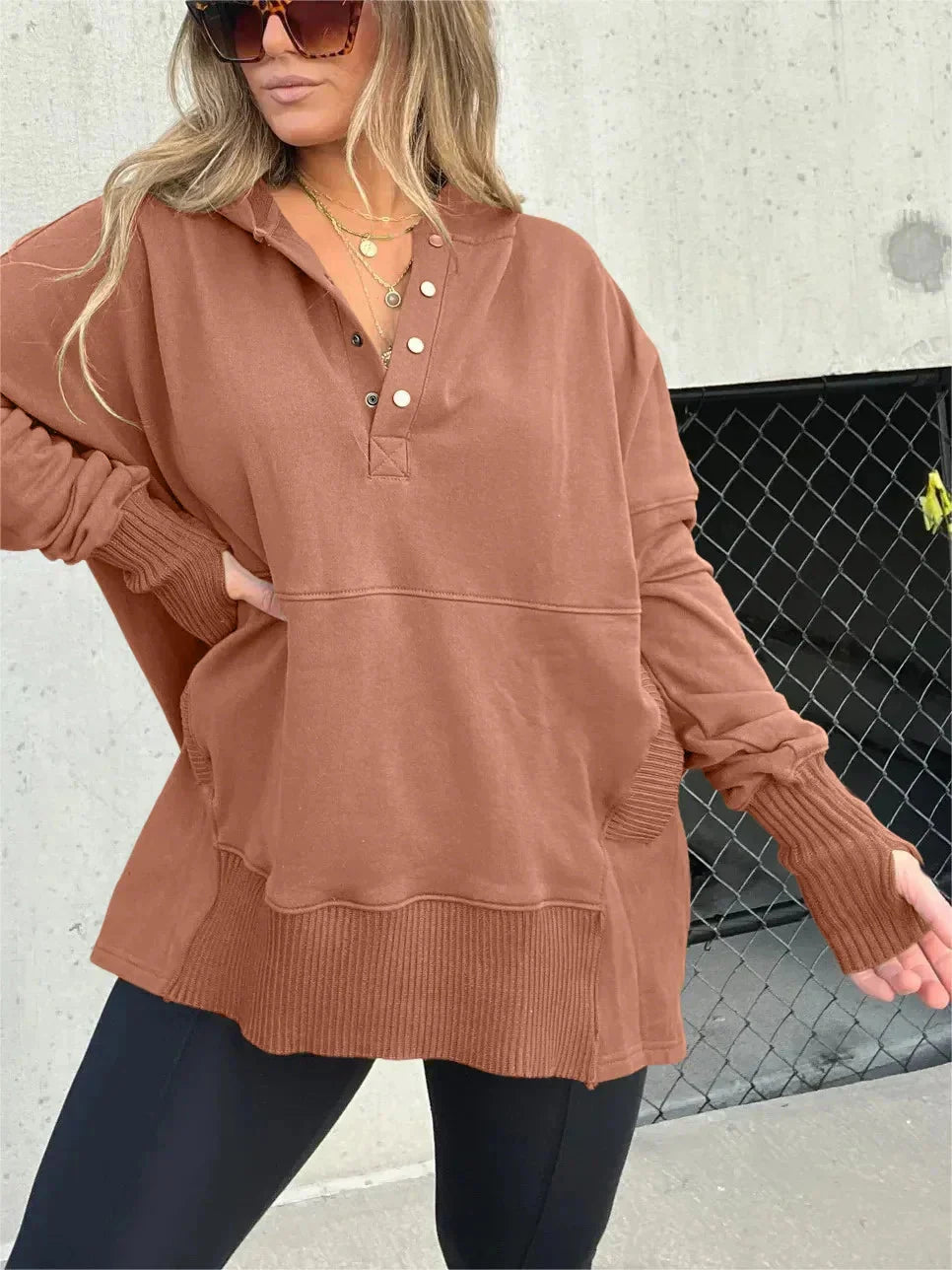 Sweat à Capuche Boutonné Pour Femme | Manches Avec Trou Pour Le Pouce
