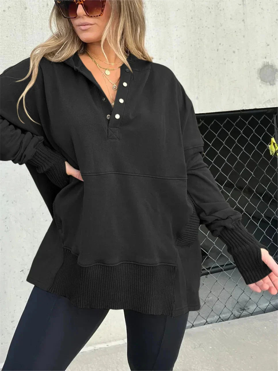 Sweat à Capuche Boutonné Pour Femme | Manches Avec Trou Pour Le Pouce
