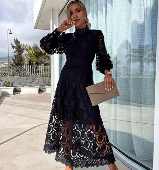Robe Midi En Dentelle Pour Femme | Manches Formelles