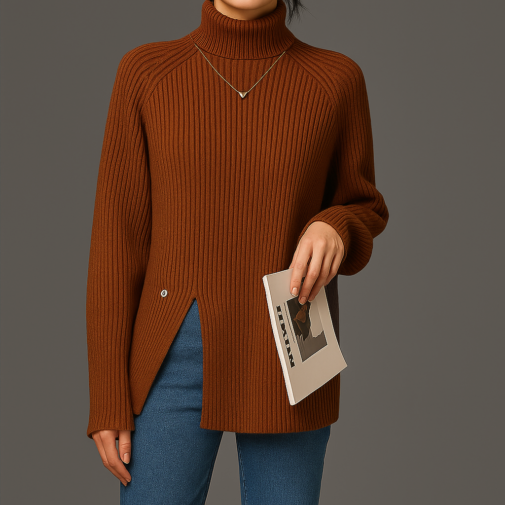 Pull Col Roulé Côtes Pour Femme | Fente Latérale