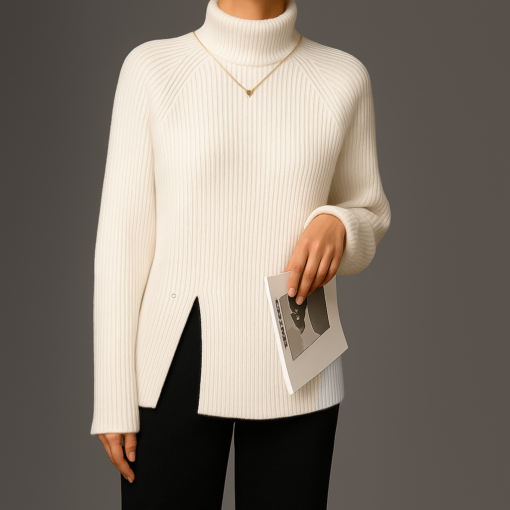 Pull Col Roulé Côtes Pour Femme | Fente Latérale