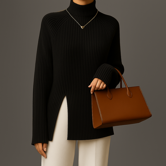 Pull Col Roulé Côtes Pour Femme | Fente Latérale